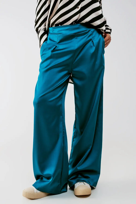 wide leg satin pants in blue - Pants