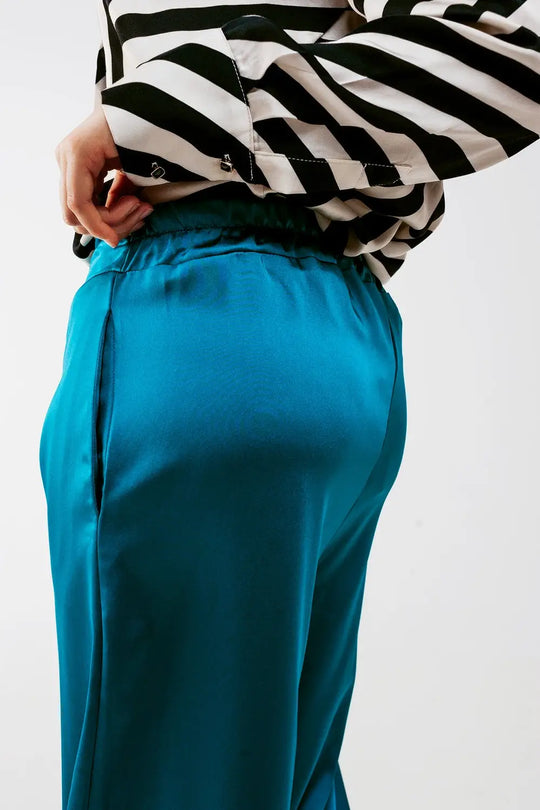 wide leg satin pants in blue - Pants