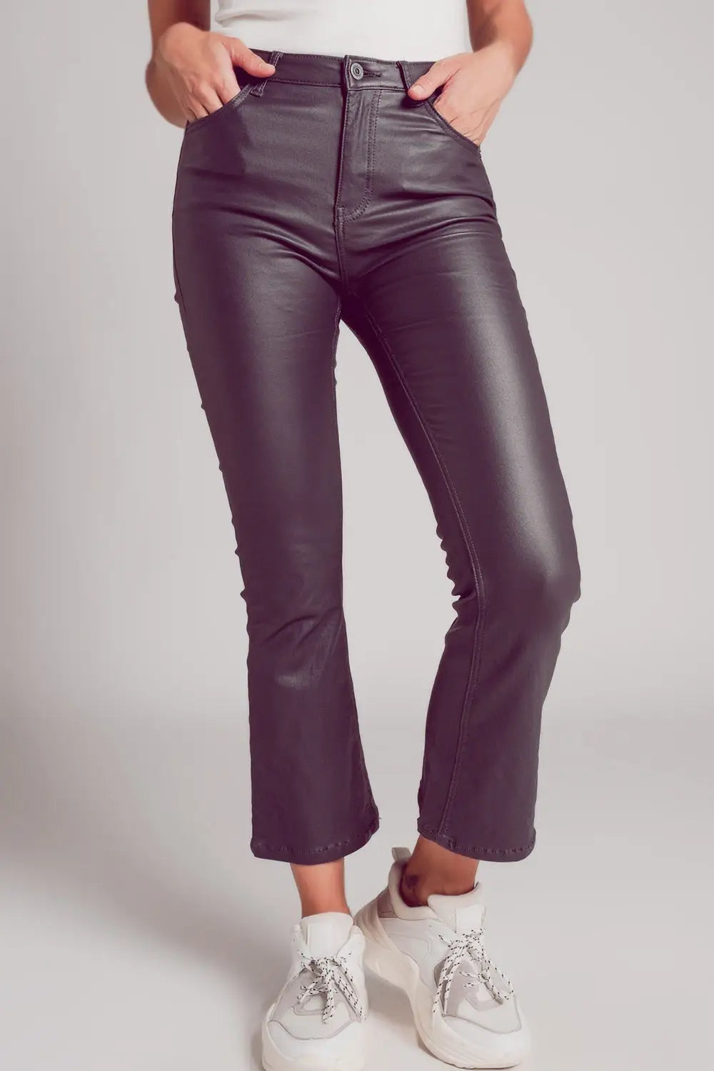 Stretch faux leather flare pants in grey - Pants