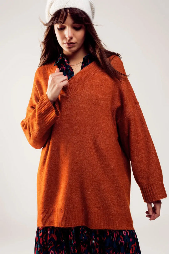Oversized v neck sweater dress in orange - ORANGE / ONE - Sweaters