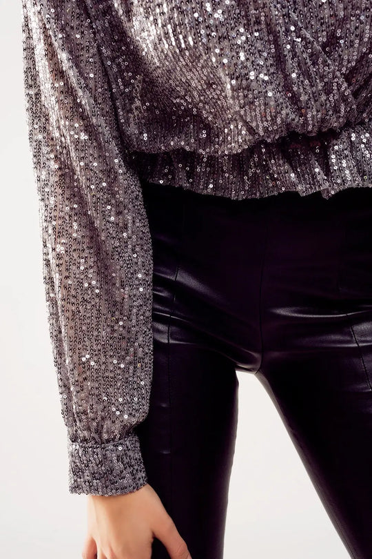 Cross over cropped and sheer top with sequins in silver - Tops