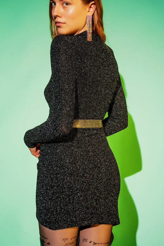 High neck long sleeve pencil dress in black glitter - Dresses
