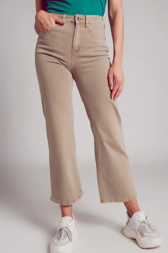 Cropped wide leg jeans in beige color - Colored Jeans