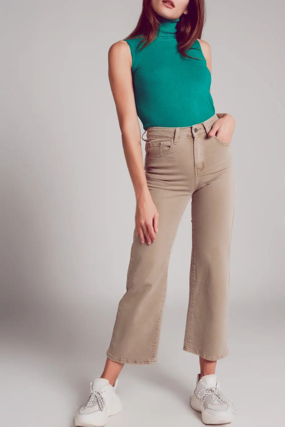 Cropped wide leg jeans in beige color - Colored Jeans
