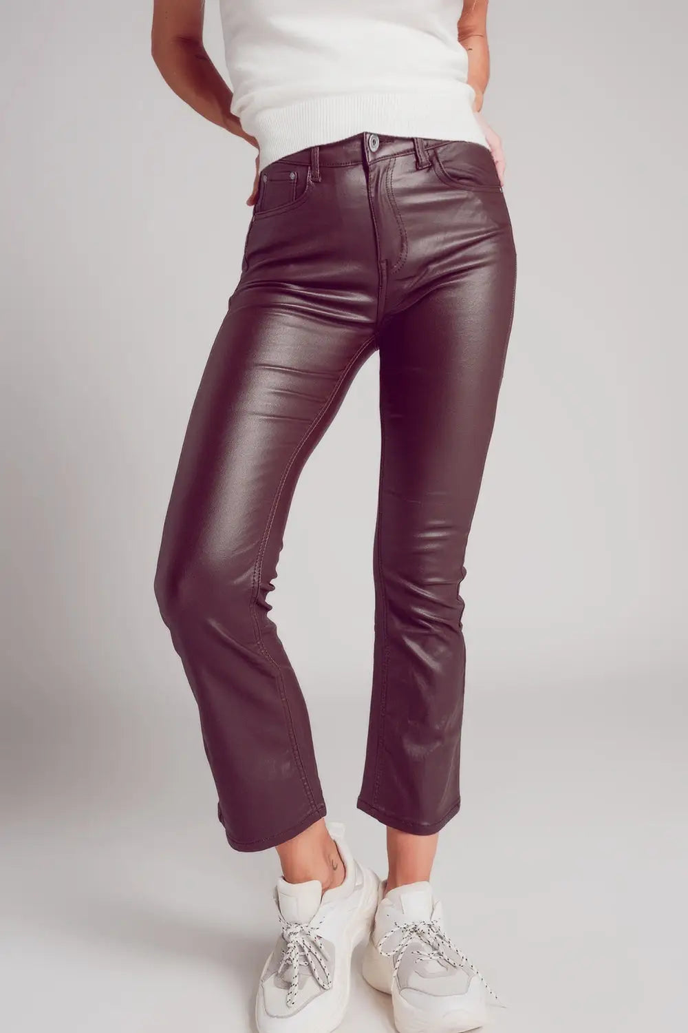 Stretch faux leather flare pants in brown - Pants