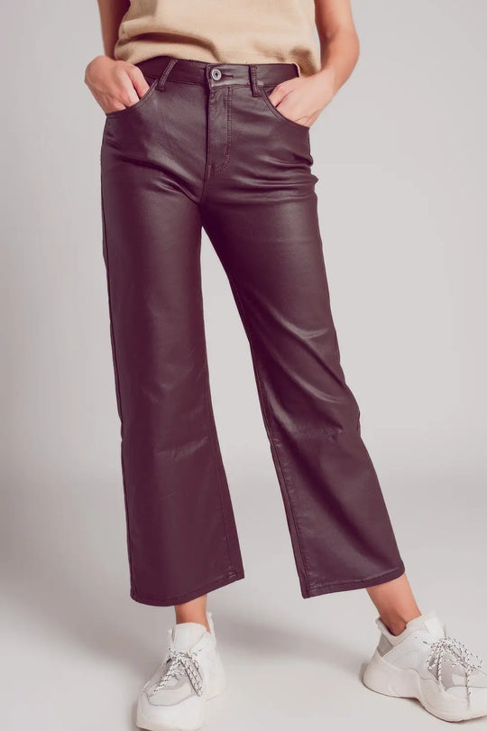 Faux leather wide leg trouser in chocolate brown - Pants