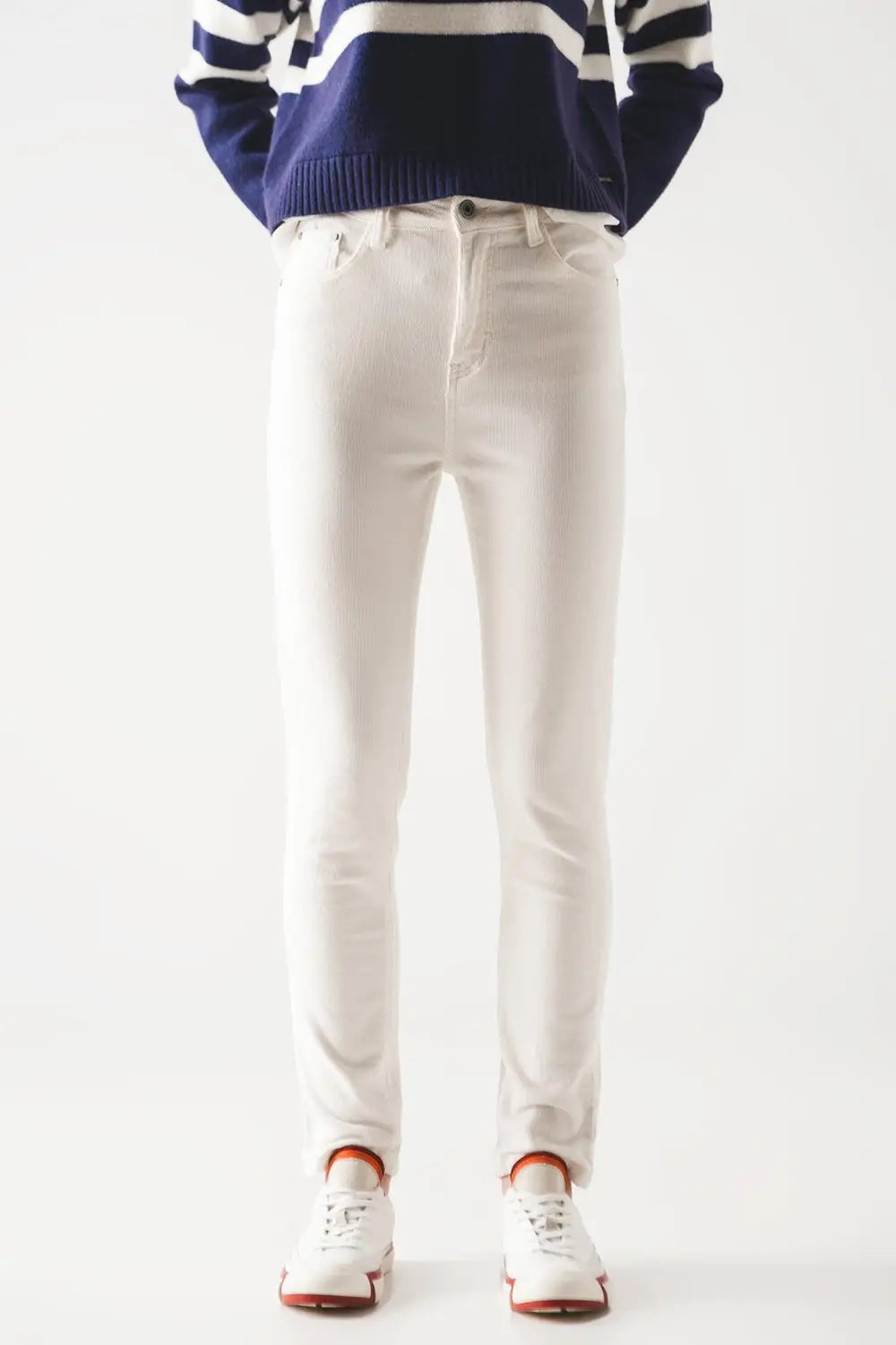 Elastic Cotton skinny cord pants in cream - Pants