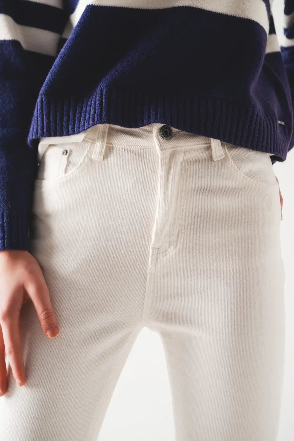 Elastic Cotton skinny cord pants in cream - Pants