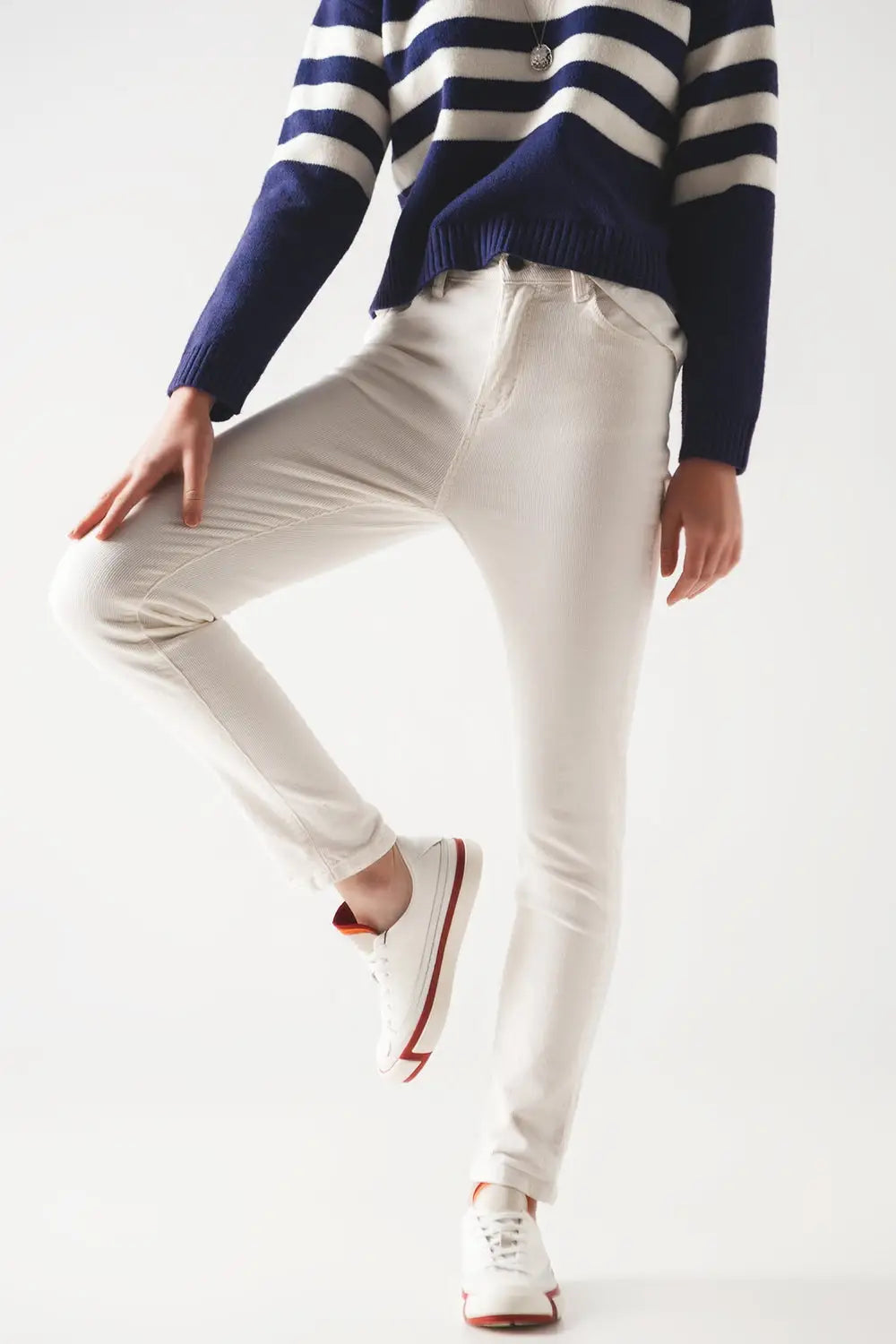 Elastic Cotton skinny cord pants in cream - Pants
