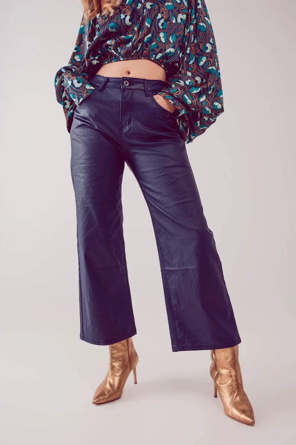 Faux leather wide leg pants in blue - Pants