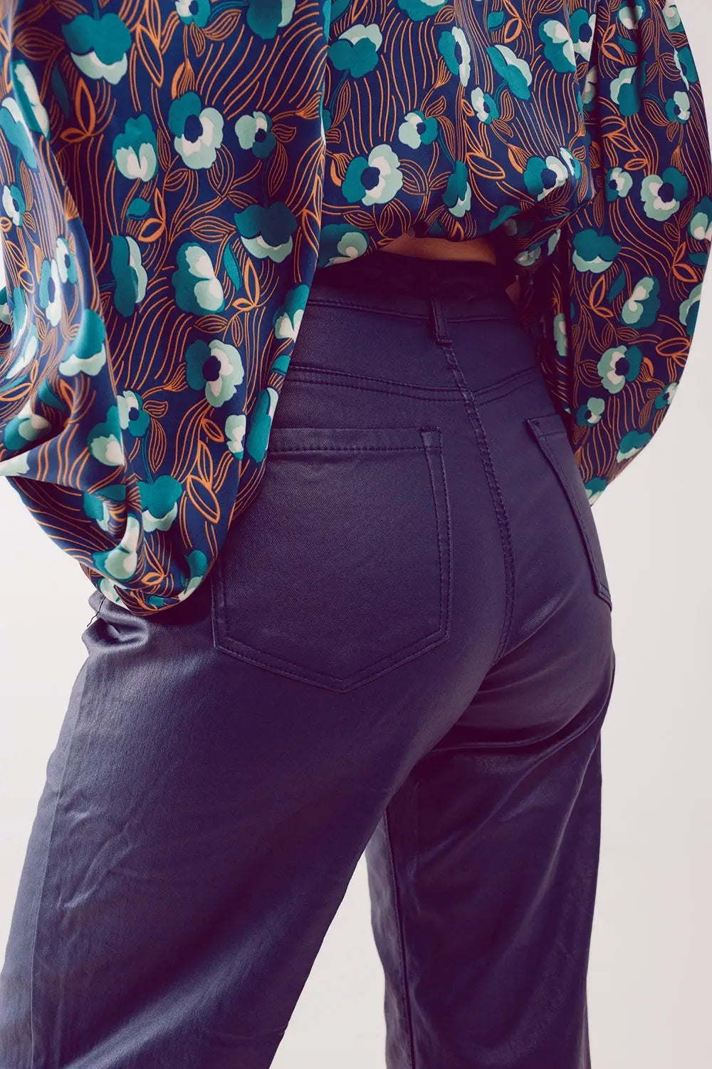 Faux leather wide leg pants in blue - Pants