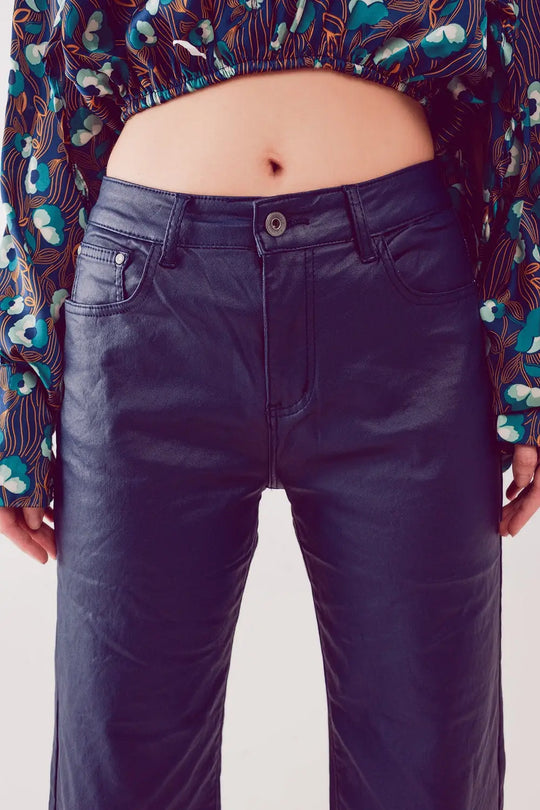 Faux leather wide leg pants in blue - Pants