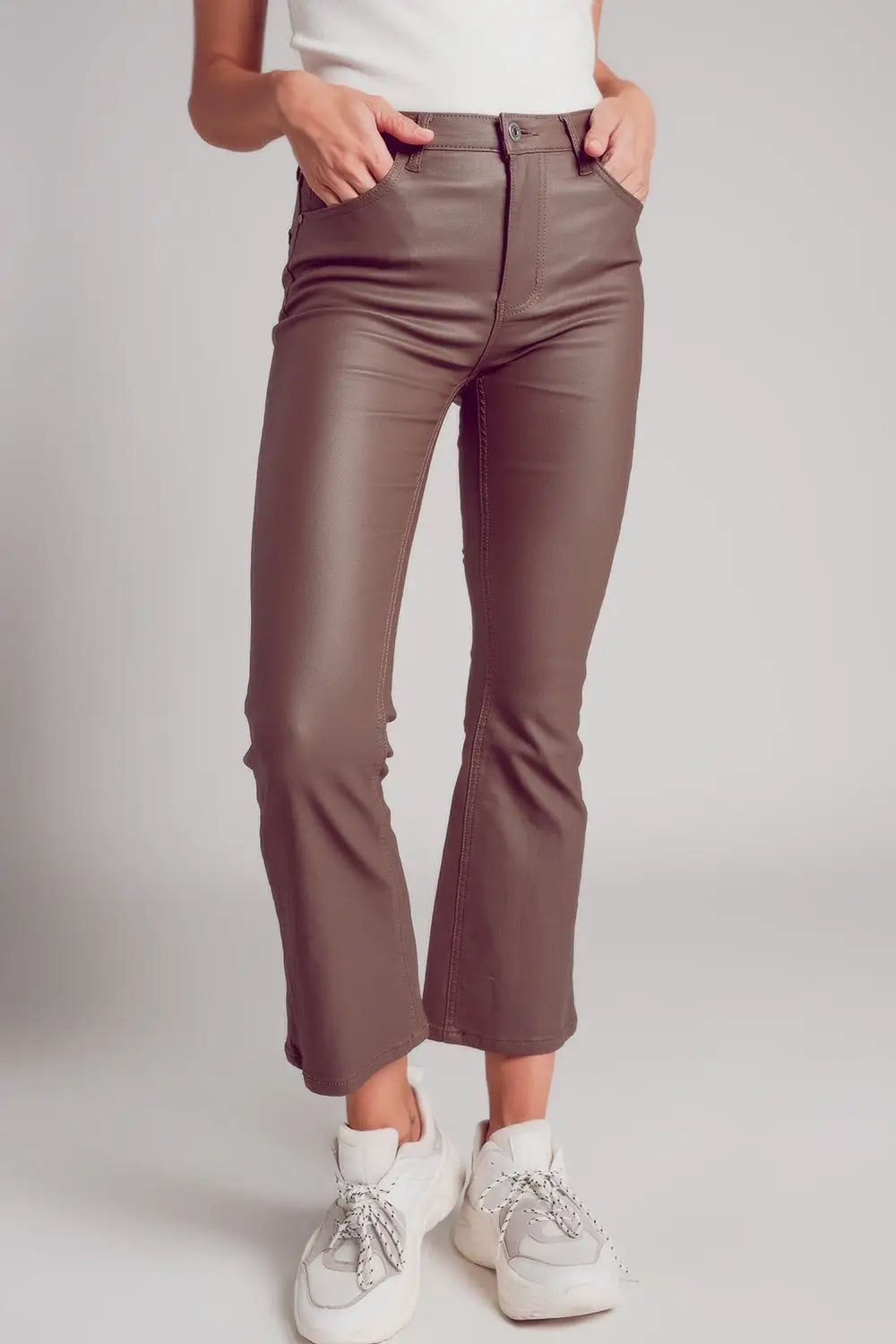 Stretch faux leather flare pants in beige - Pants