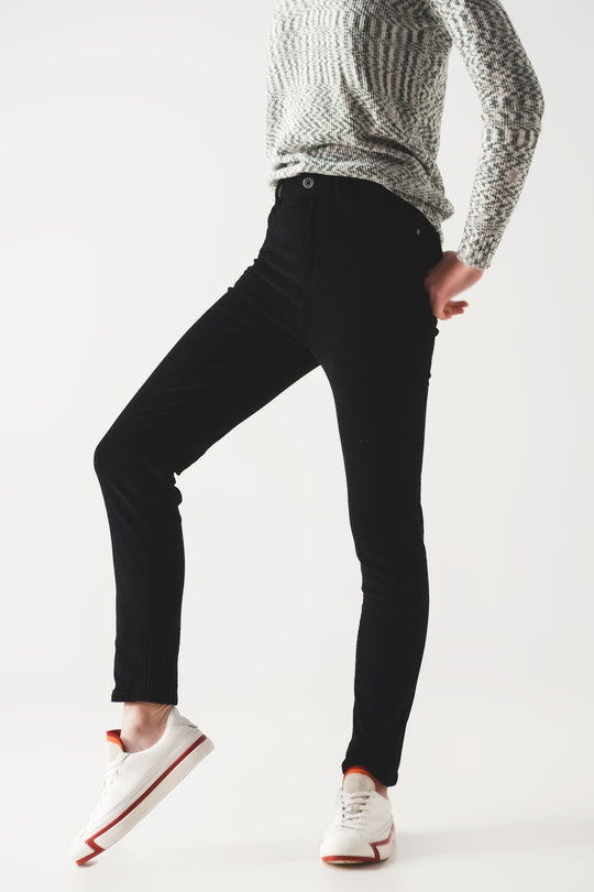Elastic Cotton skinny cord pants in black