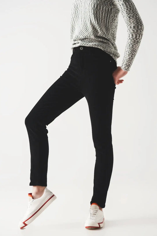 Elastic Cotton skinny cord pants in black - Pants
