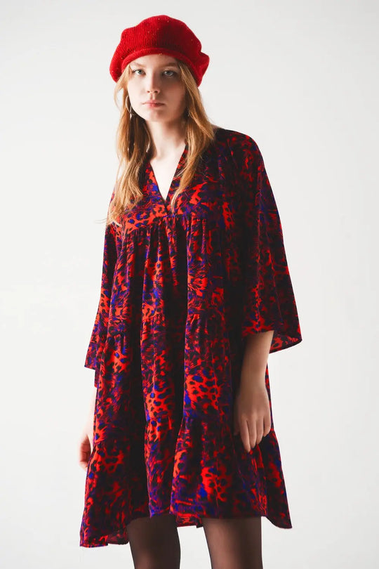 Tiered mini smock dress in animal print in red - Dresses