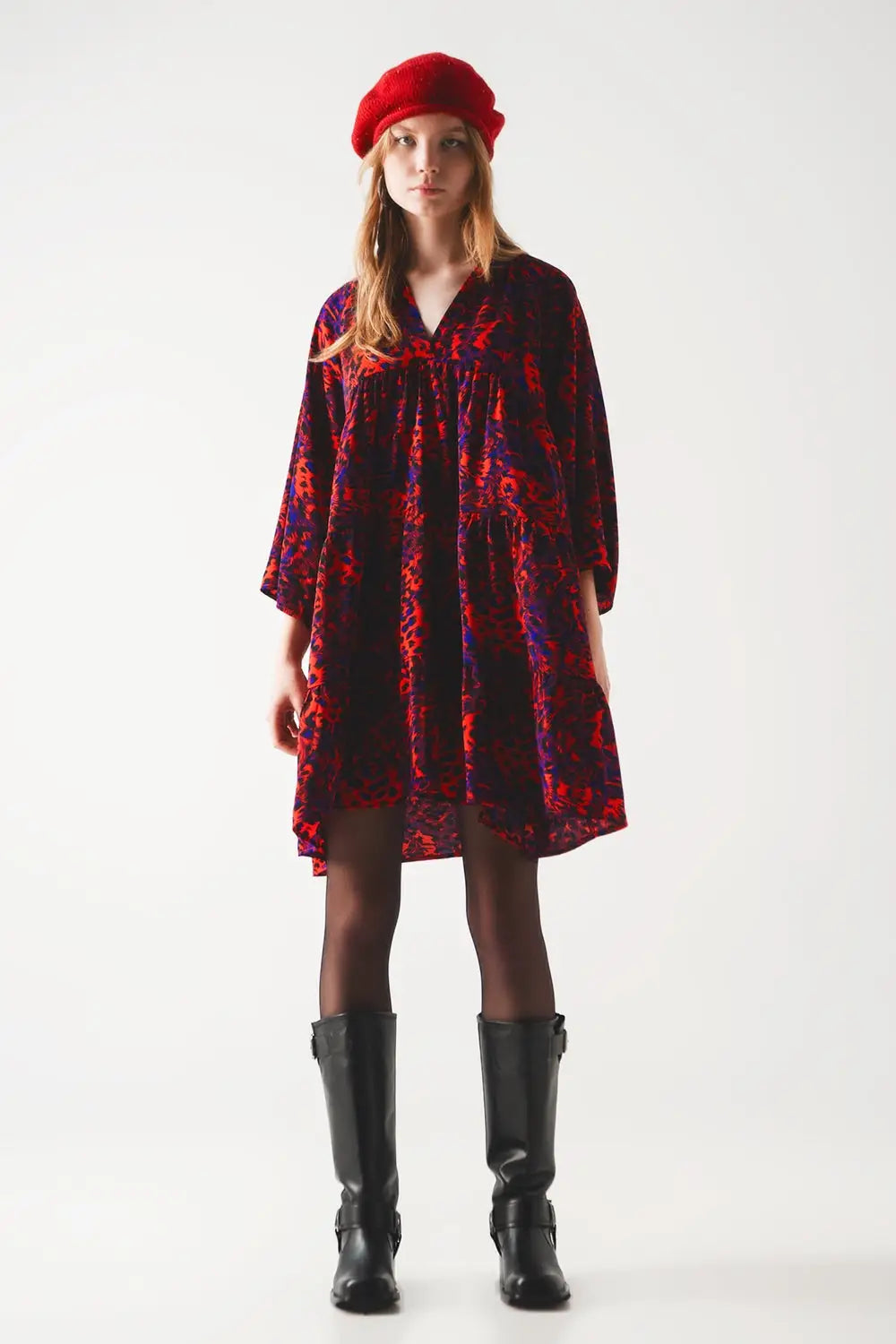 Tiered mini smock dress in animal print in red - Dresses