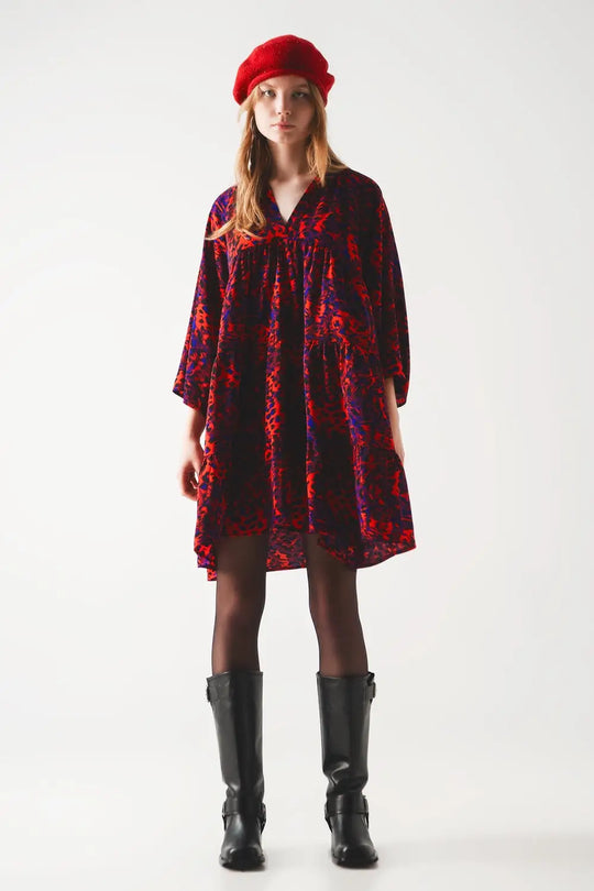 Tiered mini smock dress in animal print in red - Dresses