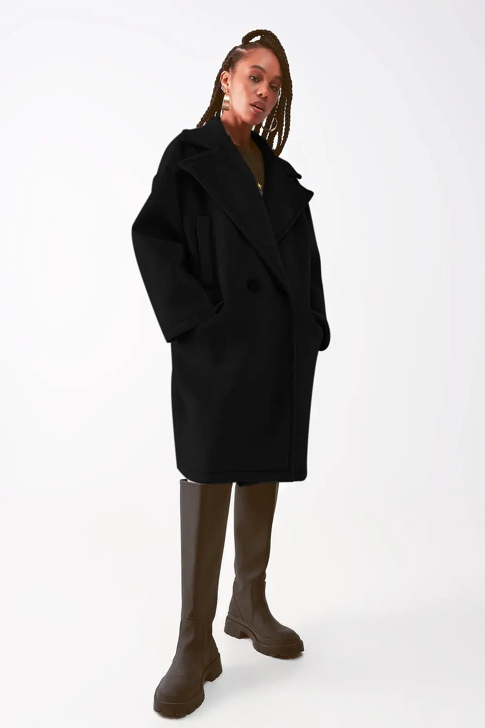 Faux suede oversized coat in black - Jackets