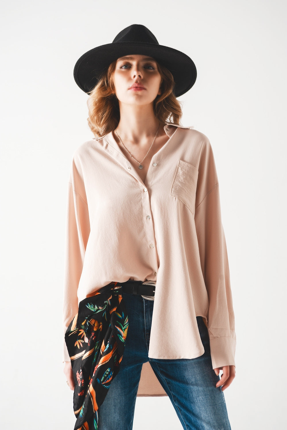Pocket detail oversized shirt in beige