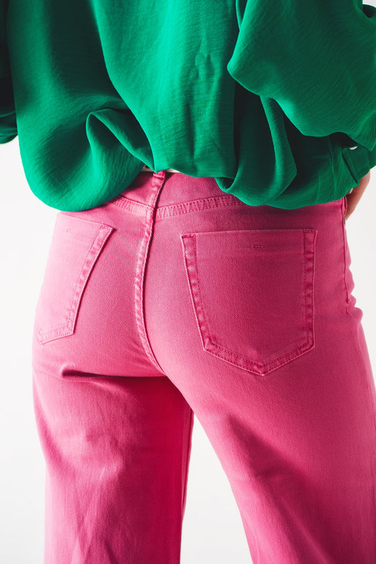 Cotton blend wide leg jeans in pink