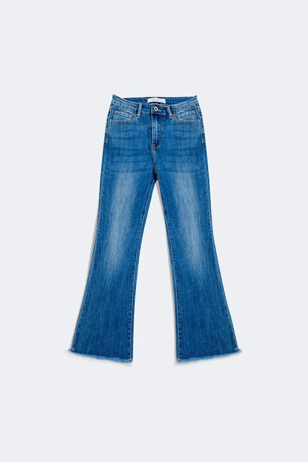 Flared jeans with raw edge in mid wash