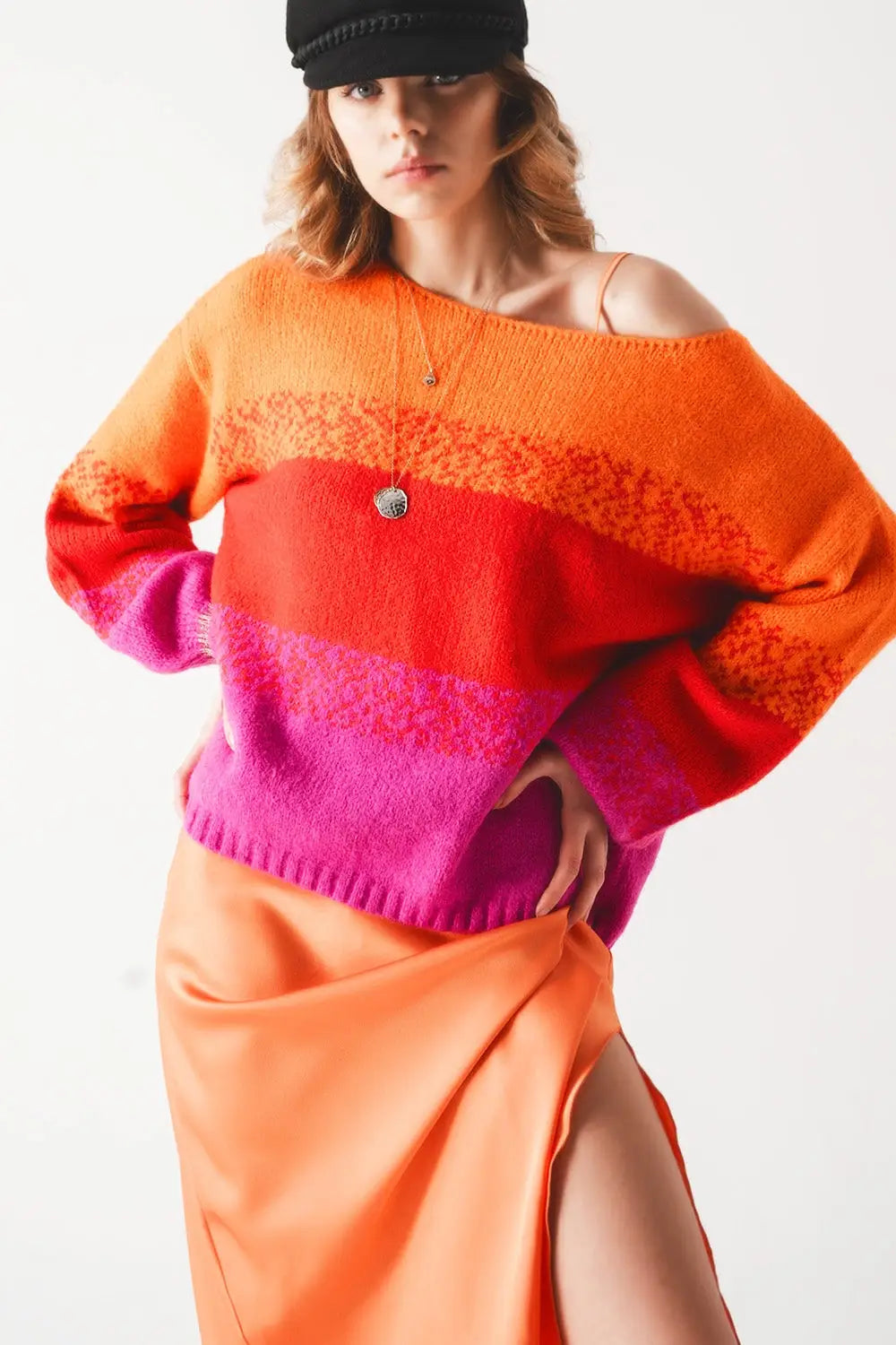 Orange knitted sweater with mélange stripes - ORANGE / ONE - Sweaters