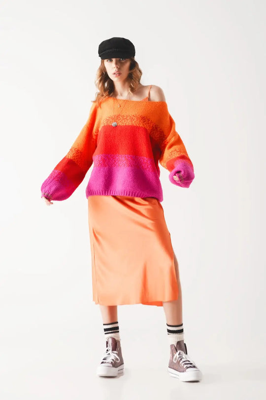 Orange knitted sweater with mélange stripes - ORANGE / ONE - Sweaters