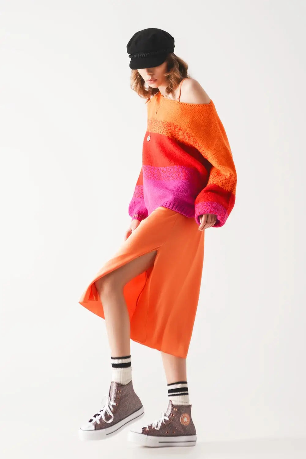 Orange knitted sweater with mélange stripes - ORANGE / ONE - Sweaters