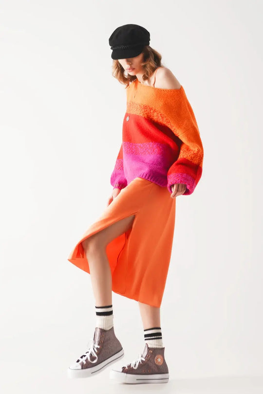Orange knitted sweater with mélange stripes - ORANGE / ONE - Sweaters