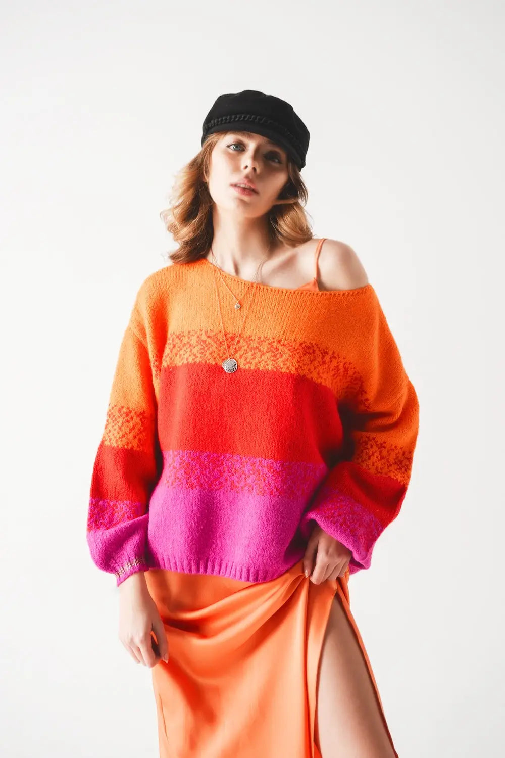 Orange knitted sweater with mélange stripes - ORANGE / ONE - Sweaters