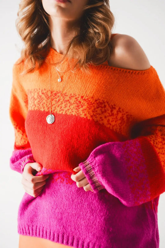 Orange knitted sweater with mélange stripes - ORANGE / ONE - Sweaters