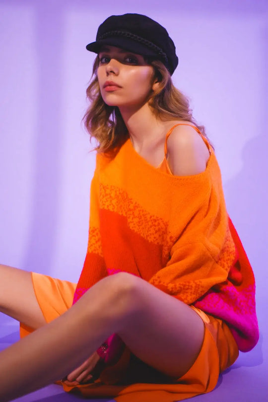 Orange knitted sweater with mélange stripes - ORANGE / ONE - Sweaters