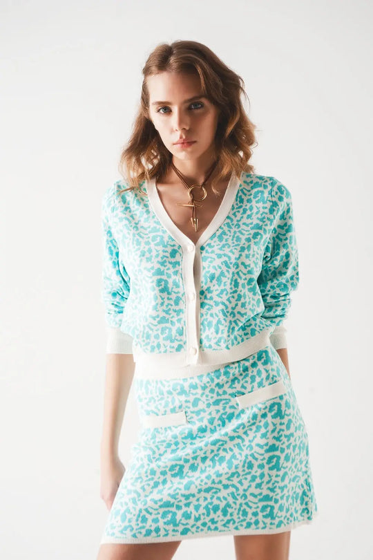 Lightweight knitted cardigan in turquoise animal print - Cardigans