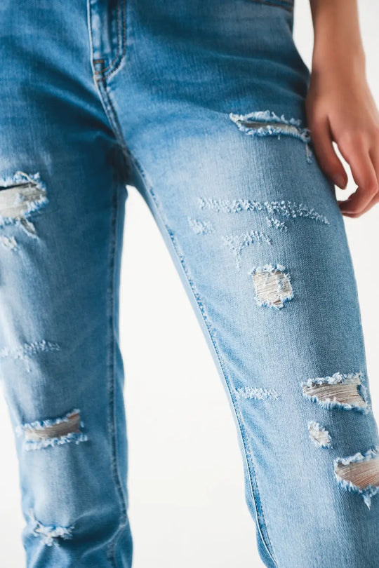Mid blue rip straight jeans
