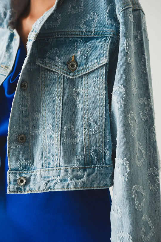 heart embellished oversized denim jacket in light wash - Jackets