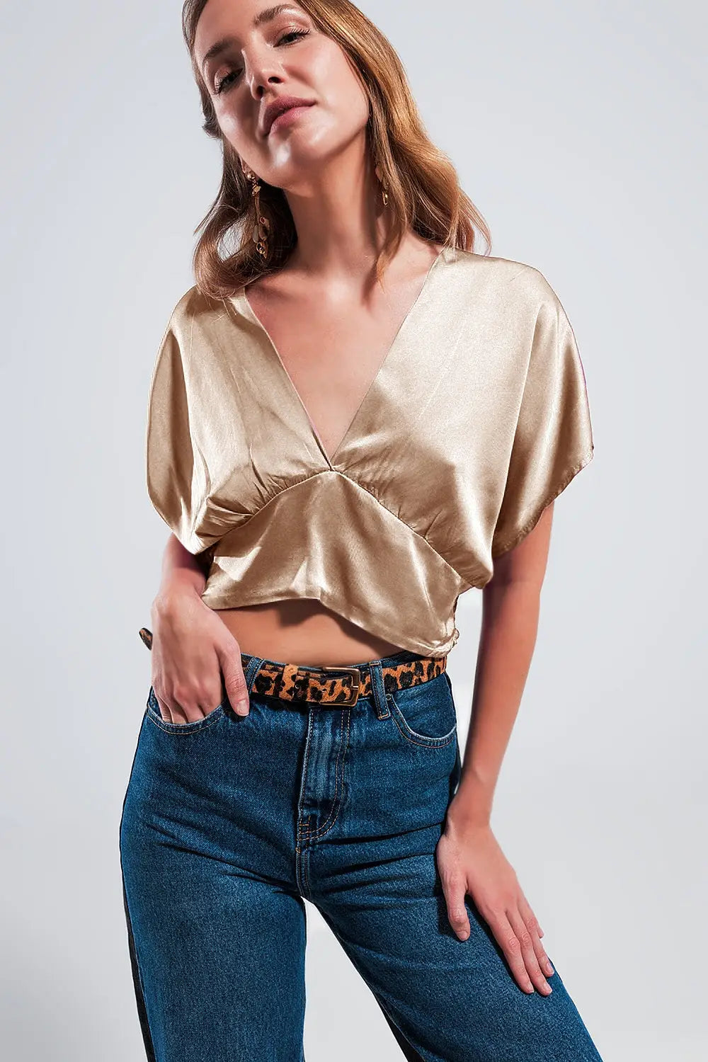 Short sleeve cropped satin top in beige - BEIGE / ONE - Tops