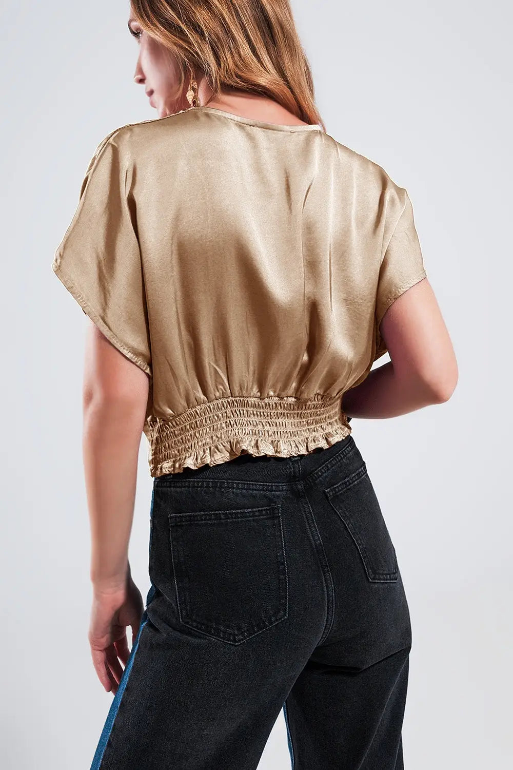 Short sleeve cropped satin top in beige - BEIGE / ONE - Tops