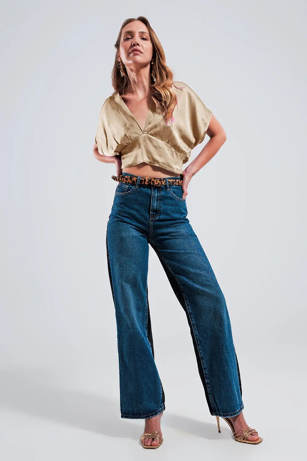 Short sleeve cropped satin top in beige - BEIGE / ONE - Tops