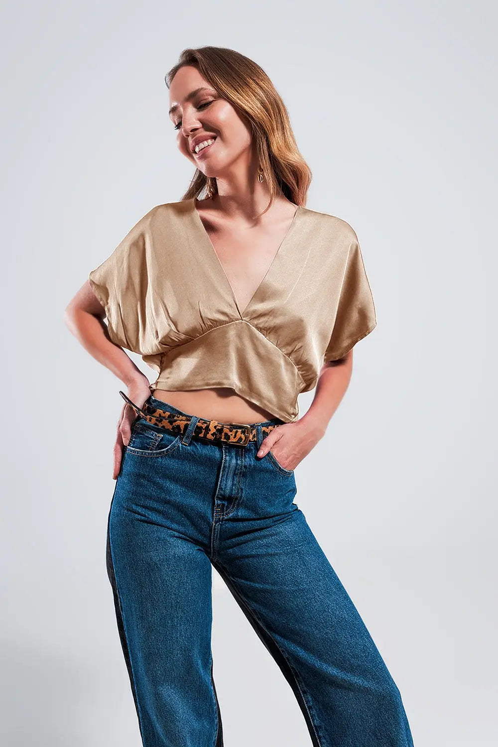 Short sleeve cropped satin top in beige - BEIGE / ONE - Tops