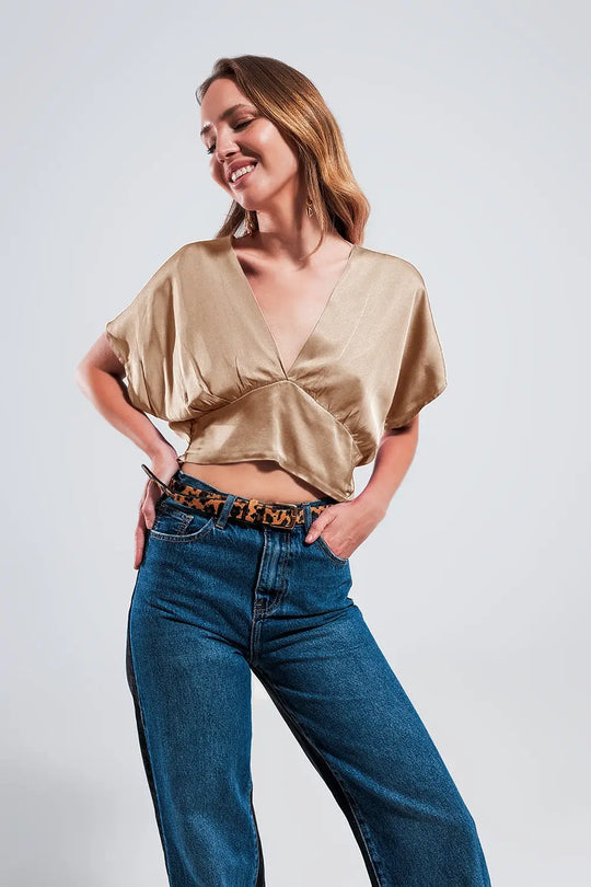 Short sleeve cropped satin top in beige - BEIGE / ONE - Tops