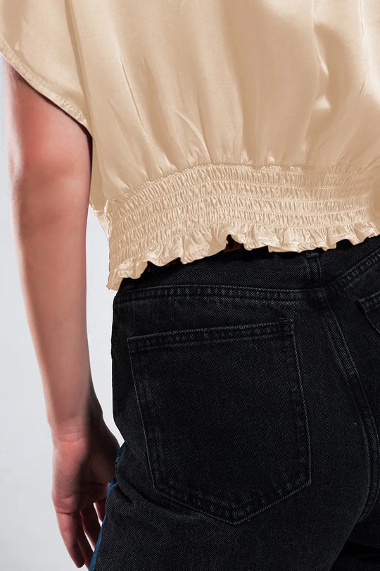 Short sleeve cropped satin top in beige - BEIGE / ONE - Tops
