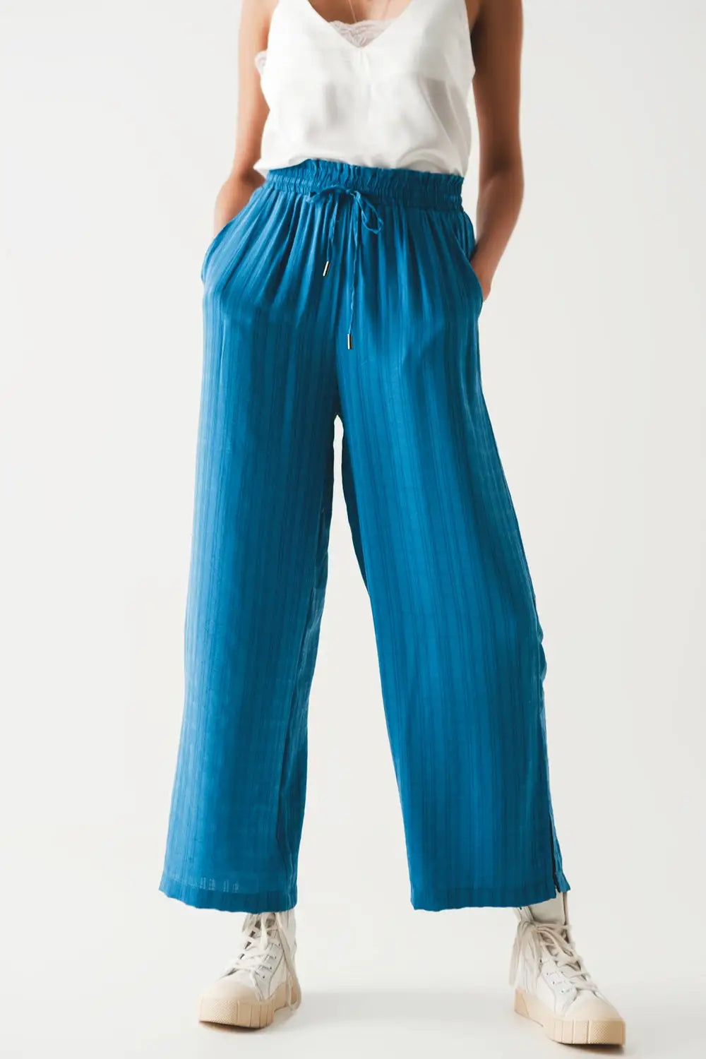 wide leg drawstring pants in blue - Pants