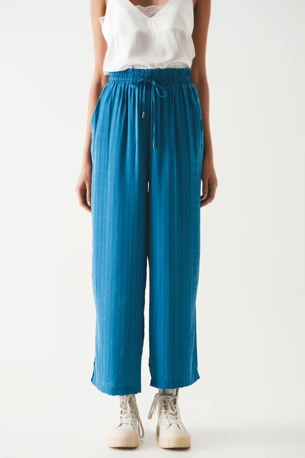wide leg drawstring pants in blue - Pants