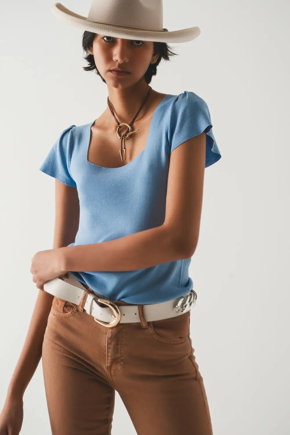 square neck puff sleeve sweater in blue - Sweaters