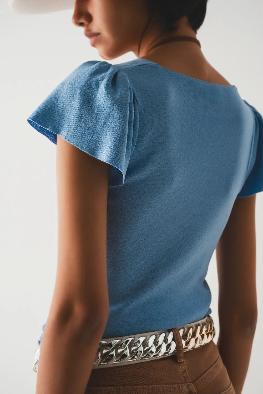 square neck puff sleeve sweater in blue - Sweaters