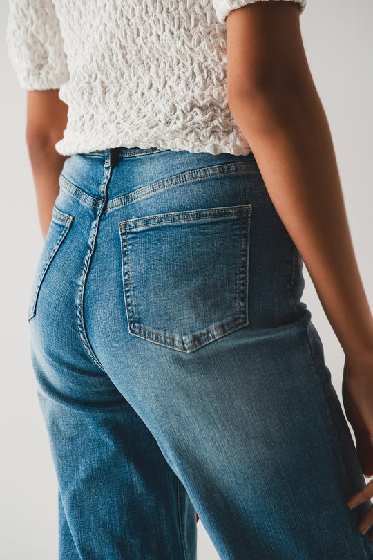 Cotton high waist straight leg jeans in vintage blue