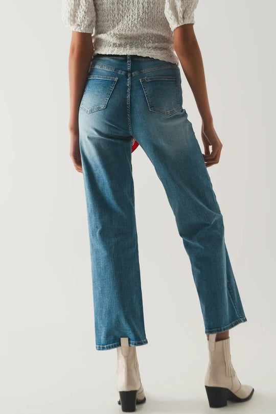 Cotton high waist straight leg jeans in vintage blue