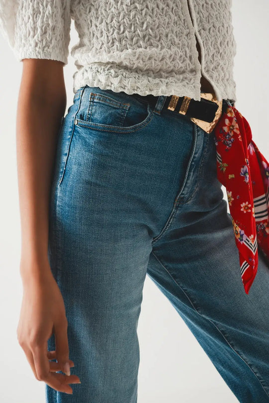 Cotton high waist straight leg jeans in vintage blue