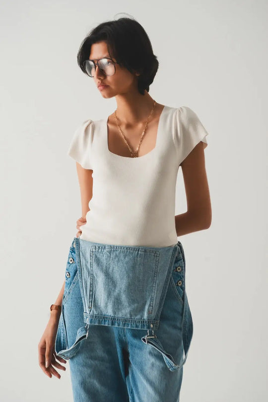 square neck puff sleeve sweater in cream - Sweaters